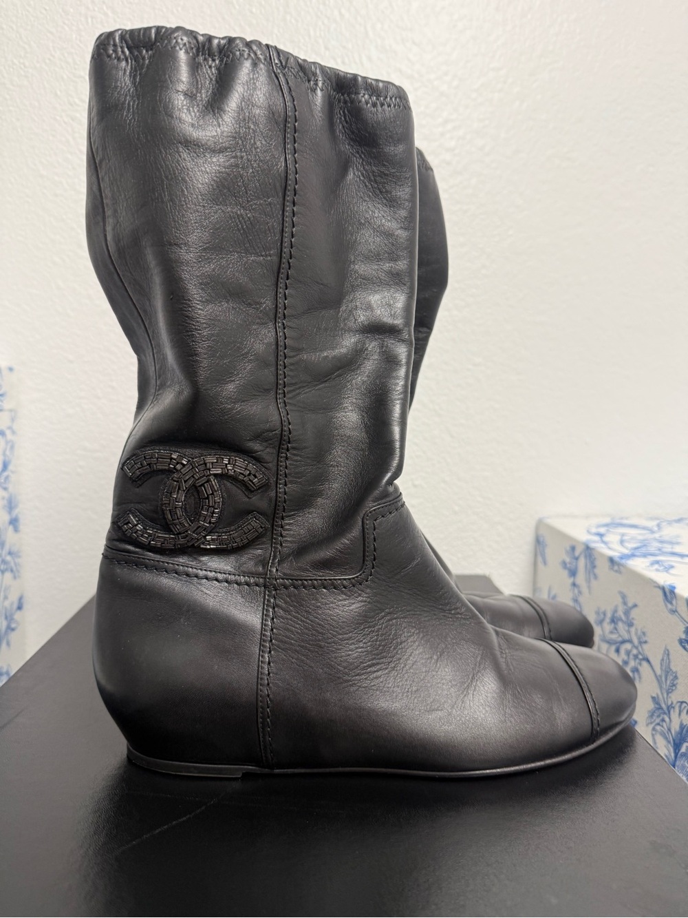 CHANEL Black Leather Boots with CC Logo